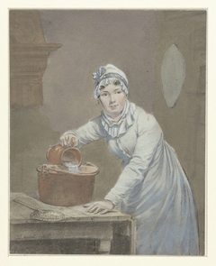 Dienstmeisje giet melk in een pan by Unknown Artist