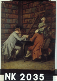 Drie mannen in een bibliotheek by Eugène Fichel