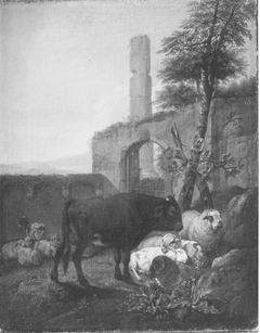 Ein brauner Stier und ruhende Schafe in antiker Ruine by Johann Heinrich Roos