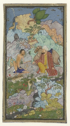 Episode uit de liefdesgeschiedenis van Laila en Majnun, de vermagerde Majnun zit in een landschap met een man en zijn kameel by Unknown Artist