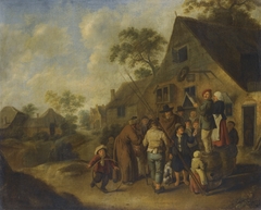 Figures Proclaiming the News on Barrels Outside an Inn