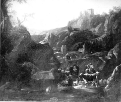 Flusslandschaft mit Viehherde bei Tivoli by Johann Heinrich Roos