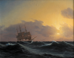 Fregat i en storm med rebede undersejl by Carl Dahl