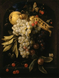 Fruit and Corn hanging by a Ribbon by Joris van Son