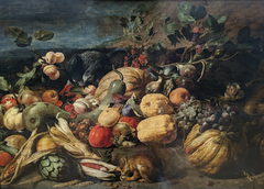 Fruit and Vegetables with a Monkey, Parrot and Squirrel