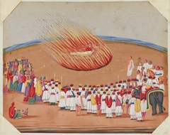 Funeral Pyre and Woman Committing Sati with Onlookers by Unknown Artist