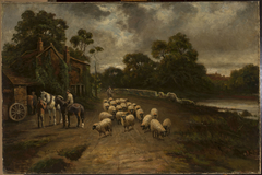 Genre scene with a flock of sheep by Thomas Creswick