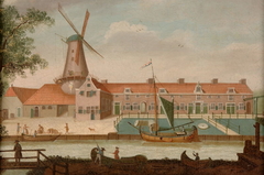 Gezicht op oliemolen 'De Jonge Fenix' met Zoutkeet aan het Zuidvliet, te Leeuwarden by anonymous painter