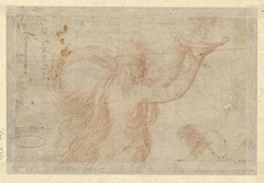 Half figuur van een jongeling die een schaal (?) omhoog heft by Parmigianino