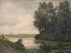 Hollandsk landskab. En pige vasker ved en kanal