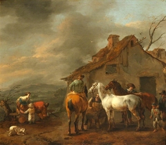 Horsemen and Peasants before a Cottage by Johannes Lingelbach