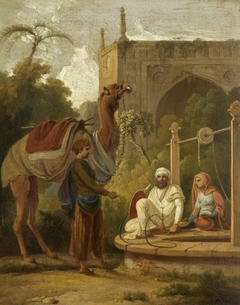 Indian Scene of Figures and a Camel at a Well by Thomas Daniell