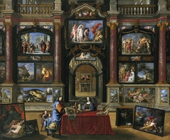 Intérieur avec personnages devant une collection de peintures by Gonzales Coques