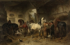 Interieur van een stal met paarden en figuren