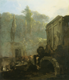 Italian cemetery with a shepherd and cattle