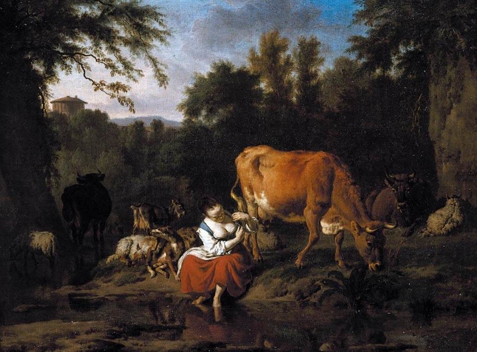 Landscape with a shepherdess and cattle on the bank of a stream