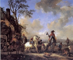 Landscape with horsemen, a smith and children