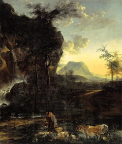 Landscape with waterfall and shepherd