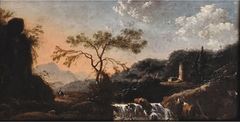 Landscape with waterfall, tower and figures