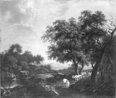 Landschaft mit Hirt und Rindern auf einem Weg unter Bäumen