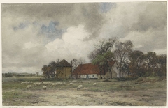 Landschap met boerderij en herder met schapen by Julius Jacobus van de Sande Bakhuyzen