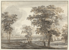 Landschap met bomen en twee herders met vee by Roelant Roghman