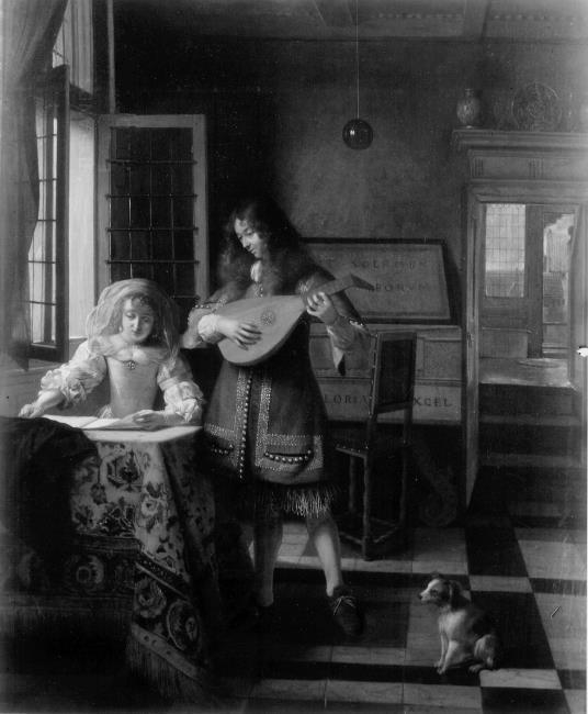 Man playing a lute and woman singing in an interior