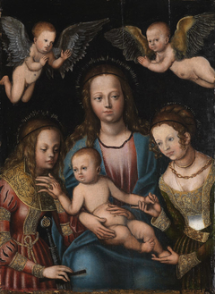 Maria met kind en de heiligen Catharina en Barbara by Lucas Cranach the Elder