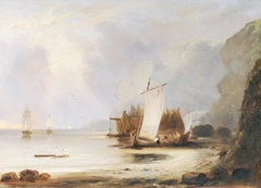Men-of-War becalmed at Anchor with Fishermen and Boats on the Beach