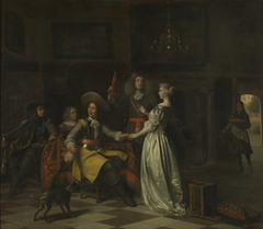 Merry company with trumpeter in a distinguished interior by Pieter de Hooch