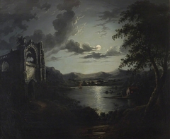 Moonlit Lake, with a Ruined Abbey and a Cottage with an illuminated Window by William Pether