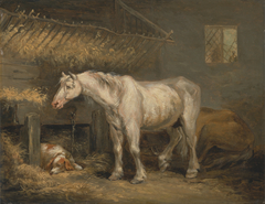 Old horses with a dog in a stable by George Morland