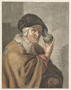 Oude vrouw met wijnfles by Abraham Delfos