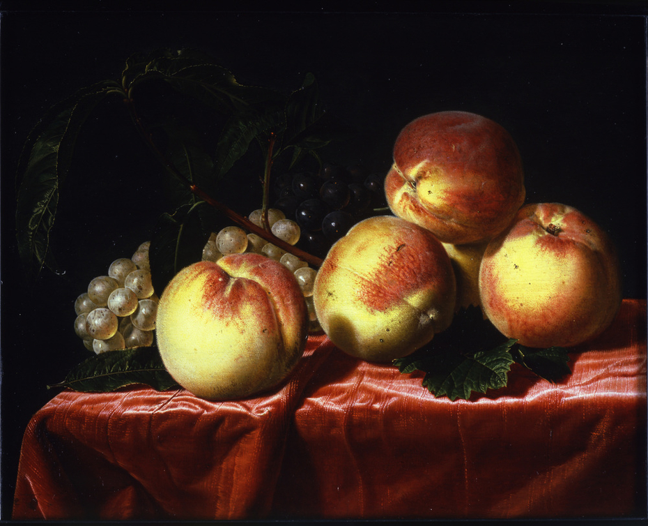 Peaches and Grapes on a Draped Table
