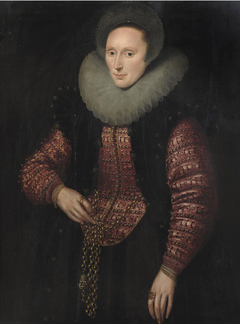 Portrait of a lady, three-quarter-length, in a black and red embroidered dress and white ruff, a gold chain with a pomander around her waist