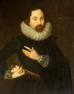 Probably Sharington I Talbot of Salwarpe (1577-1642), aged 37, holding a book by attributed to Robert Peake the elder