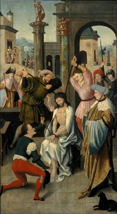 Rechterluik (buitenzijde) van een drieluik van de familie Snoy met de bespotting van Christus by Anonymous