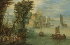 River Landscape with Figures on a Quay before a Town