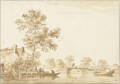 Rivierlandschap met een sluisje, een brug en enkele boten by Unknown Artist