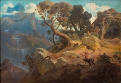 Rocky landscape with a hunting centaur by Arnold Böcklin