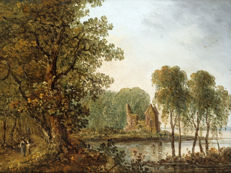 Romantic Lake Landscape with Ruins