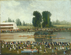 Rowing Scene: Crowds Watching from the River Banks by E Levy