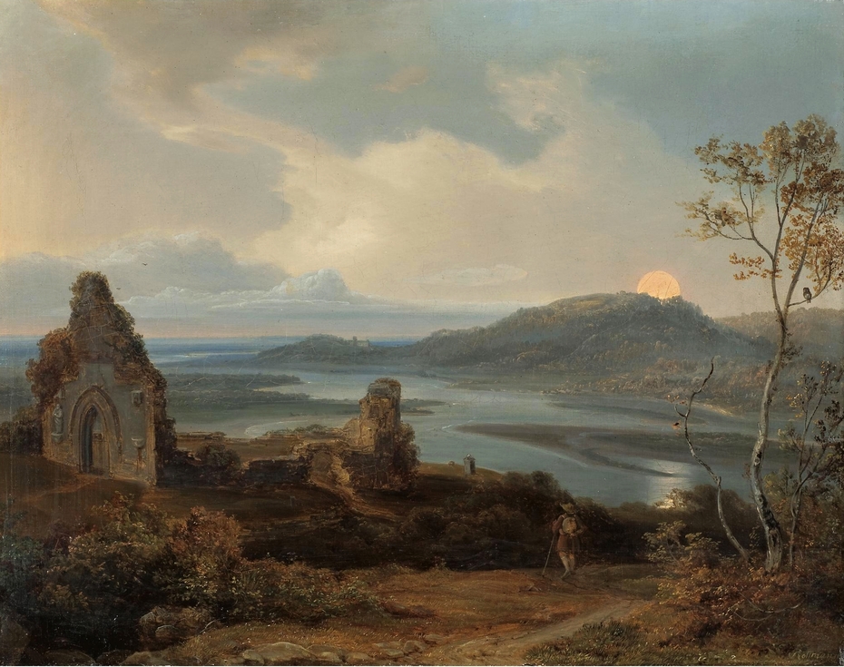Ruin of a Chapel near a River with Rising Moon