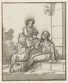 Staande vrouw bij zittende man met hond