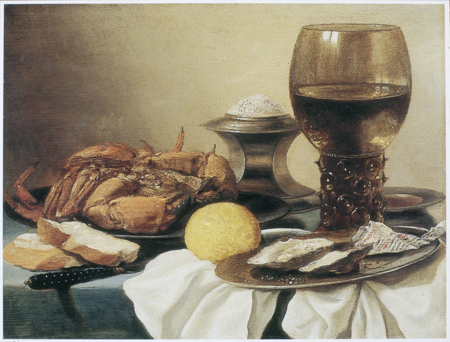 Still life of a crab on a pewter plate
