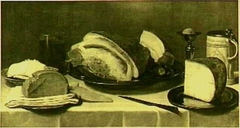 Still life of meat and cheese on a laid table by Jacob Marrel