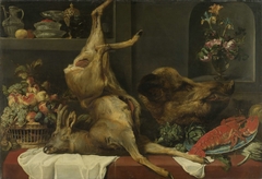 Still life with a deer, a boar's head, fruits and flowers by Frans Snijders