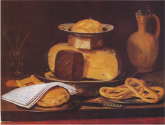 Still life with cheesestack, a bun and pretzels by Clara Peeters