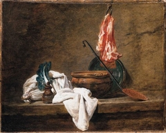 Still Life with Dishcloth, a Pot, a Plate, a Skimmer and Meat on a Hook