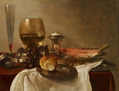 Still life with glass, bread and salmon by Cornelis Kruys